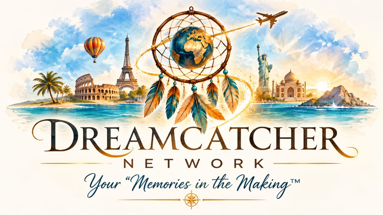 Dreamcatcher Network travel artwork with a globe, dreamcatcher and world landmarks — Your Memories in the Making